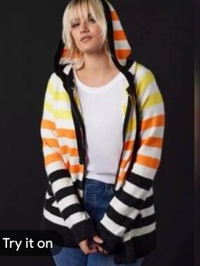 Torrid Striped Hooded Zip Sweater in White, Yellow & Orange